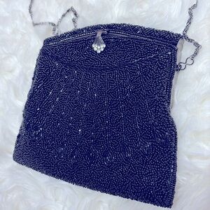 Carlo Fellini Stunning Black Beaded Metal Strap Silverstone Clasp Evening Bag !!